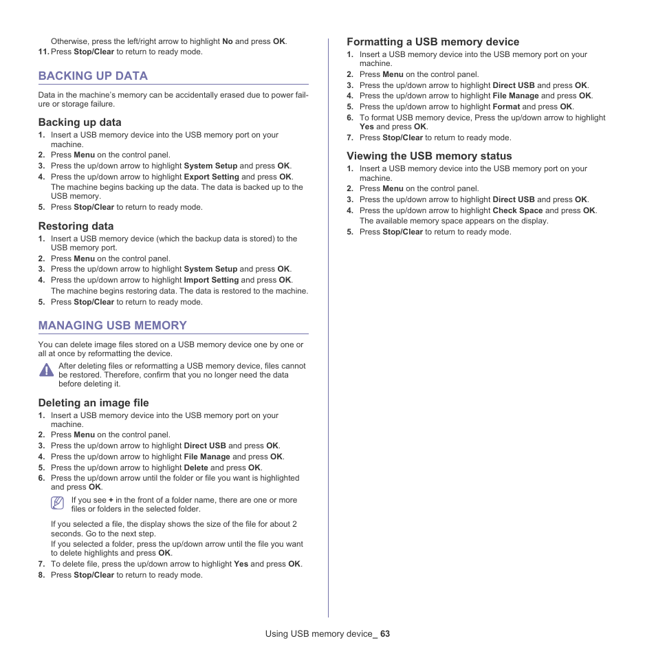 Backing up data, Restoring data, Managing usb memory | Deleting an image file, Formatting a usb memory device, Viewing the usb memory status, 63 backing up data, 63 managing usb memory | Samsung ML-6512ND-XAA User Manual | Page 63 / 130