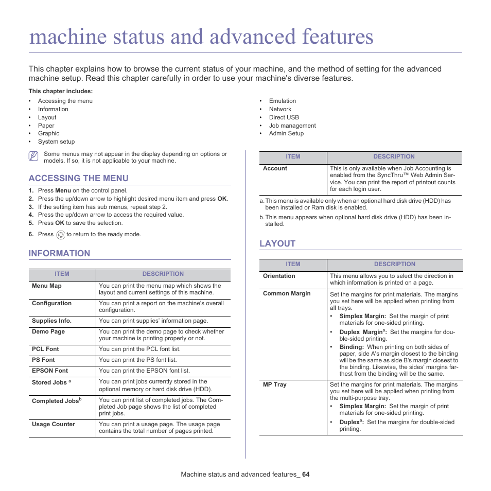 Machine status and advanced features, Accessing the menu, Information | Layout, 64 accessing the menu 64 information 64 layout, Machine status and advanced features" on | Samsung ML-6512ND-XAA User Manual | Page 64 / 130