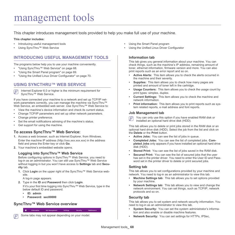 Management tools, Introducing useful management tools, Using syncthru™ web service | To access syncthru™ web service, Syncthru™ web service overview | Samsung ML-6512ND-XAA User Manual | Page 68 / 130