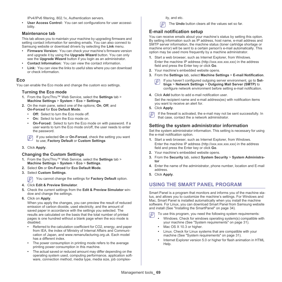 E-mail notification setup, Setting the system administrator information, Using the smart panel program | 69 using the smart panel program | Samsung ML-6512ND-XAA User Manual | Page 69 / 130