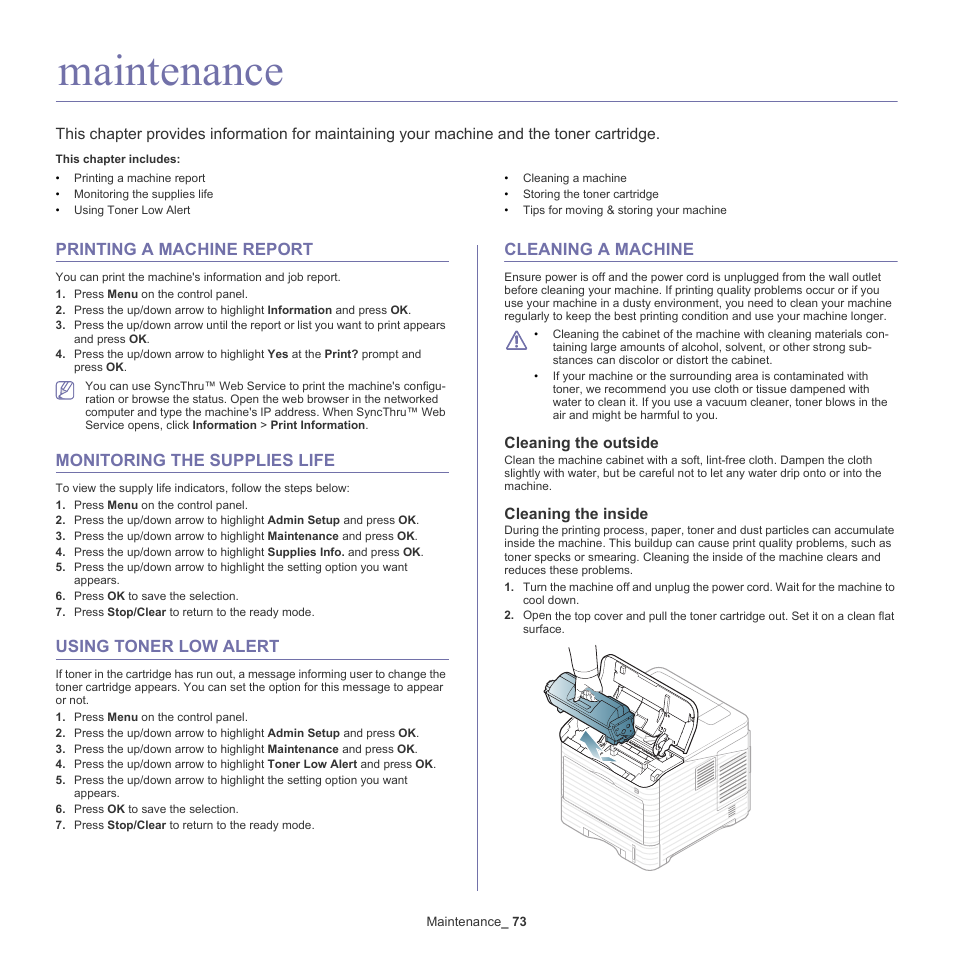 Maintenance, Printing a machine report, Monitoring the supplies life | Using toner low alert, Cleaning a machine, Cleaning the outside, Cleaning the inside | Samsung ML-6512ND-XAA User Manual | Page 73 / 130