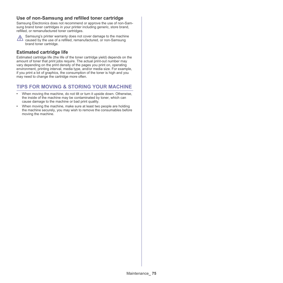Use of non-samsung and refilled toner cartridge, Estimated cartridge life, Tips for moving & storing your machine | 75 tips for moving & storing your machine | Samsung ML-6512ND-XAA User Manual | Page 75 / 130