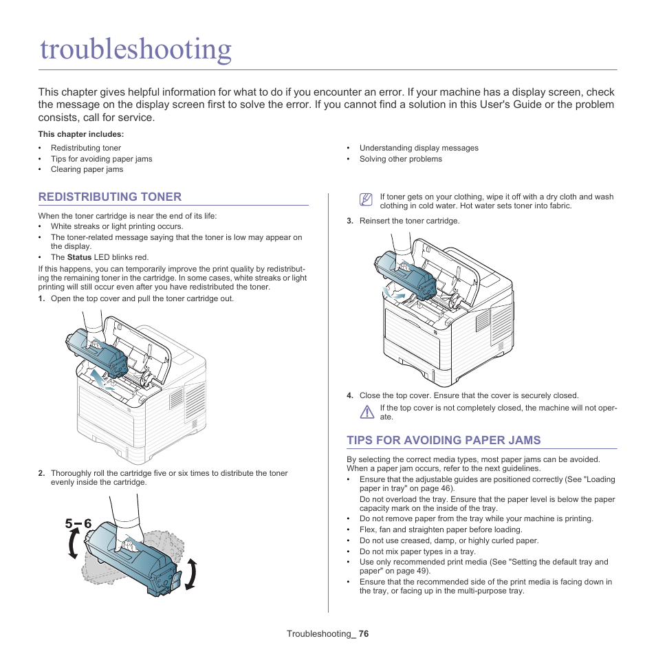 Troubleshooting, Redistributing toner, Tips for avoiding paper jams | Samsung ML-6512ND-XAA User Manual | Page 76 / 130