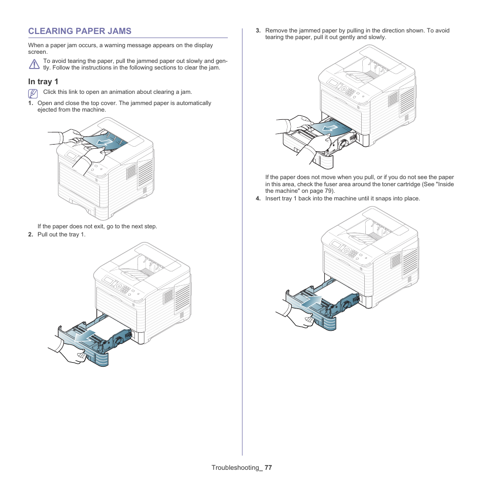 Clearing paper jams, In tray 1, 77 clearing paper jams | Samsung ML-6512ND-XAA User Manual | Page 77 / 130