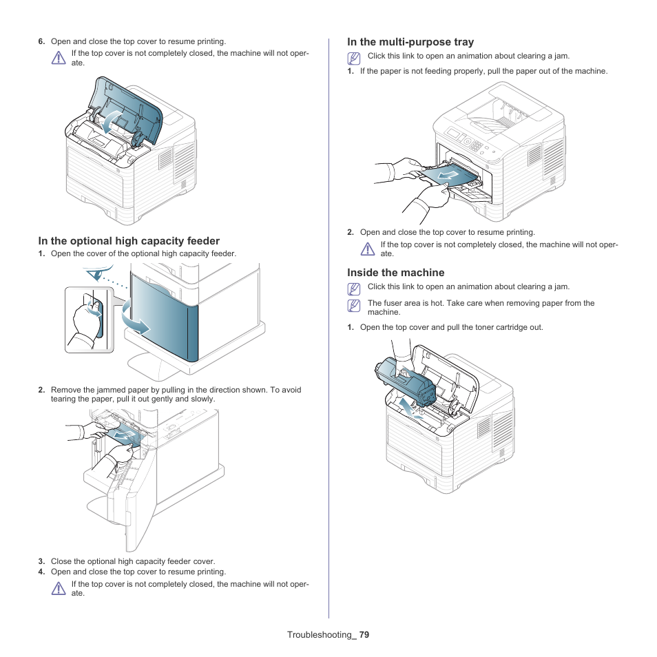 In the optional high capacity feeder, In the multi-purpose tray, Inside the machine | Samsung ML-6512ND-XAA User Manual | Page 79 / 130