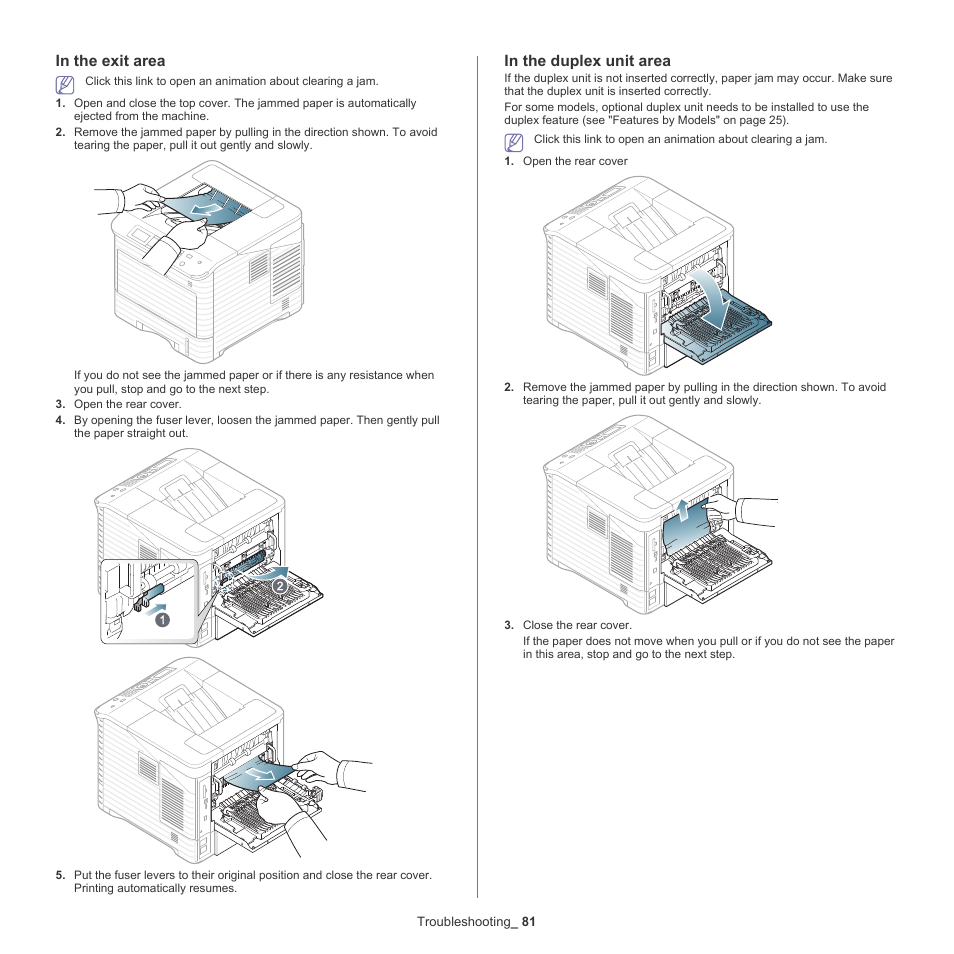 In the exit area, In the duplex unit area | Samsung ML-6512ND-XAA User Manual | Page 81 / 130