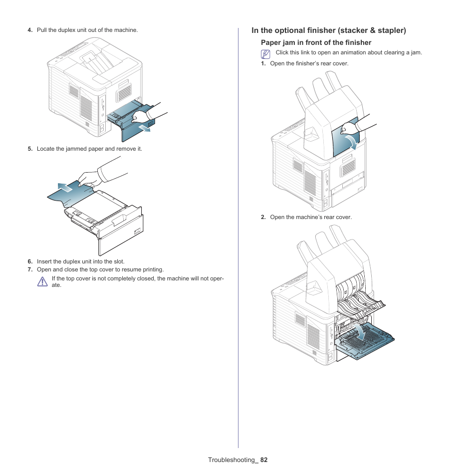 In the optional finisher (stacker & stapler), Paper jam in front of the finisher | Samsung ML-6512ND-XAA User Manual | Page 82 / 130