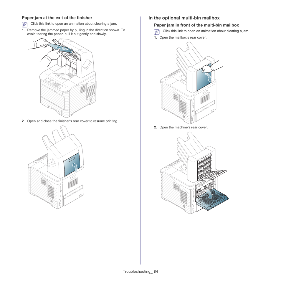 In the optional multi-bin mailbox, Paper jam at the exit of the finisher, Paper jam in front of the multi-bin mailbox | Samsung ML-6512ND-XAA User Manual | Page 84 / 130