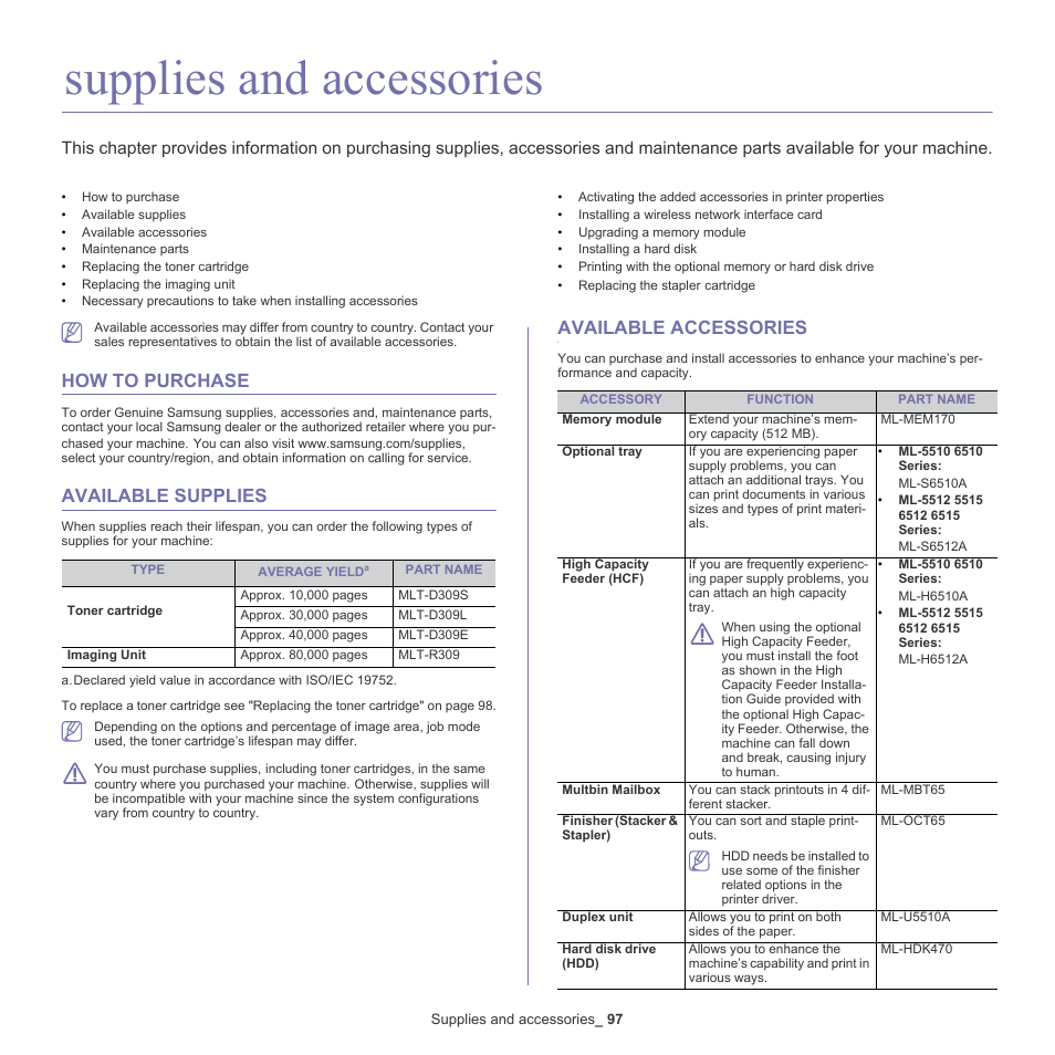 Supplies and accessories, How to purchase, Available supplies | Available accessories | Samsung ML-6512ND-XAA User Manual | Page 97 / 130