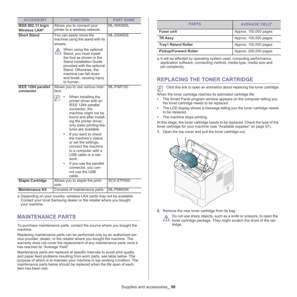 Maintenance parts, Replacing the toner cartridge, Replacing the toner | Cartridge" on | Samsung ML-6512ND-XAA User Manual | Page 98 / 130