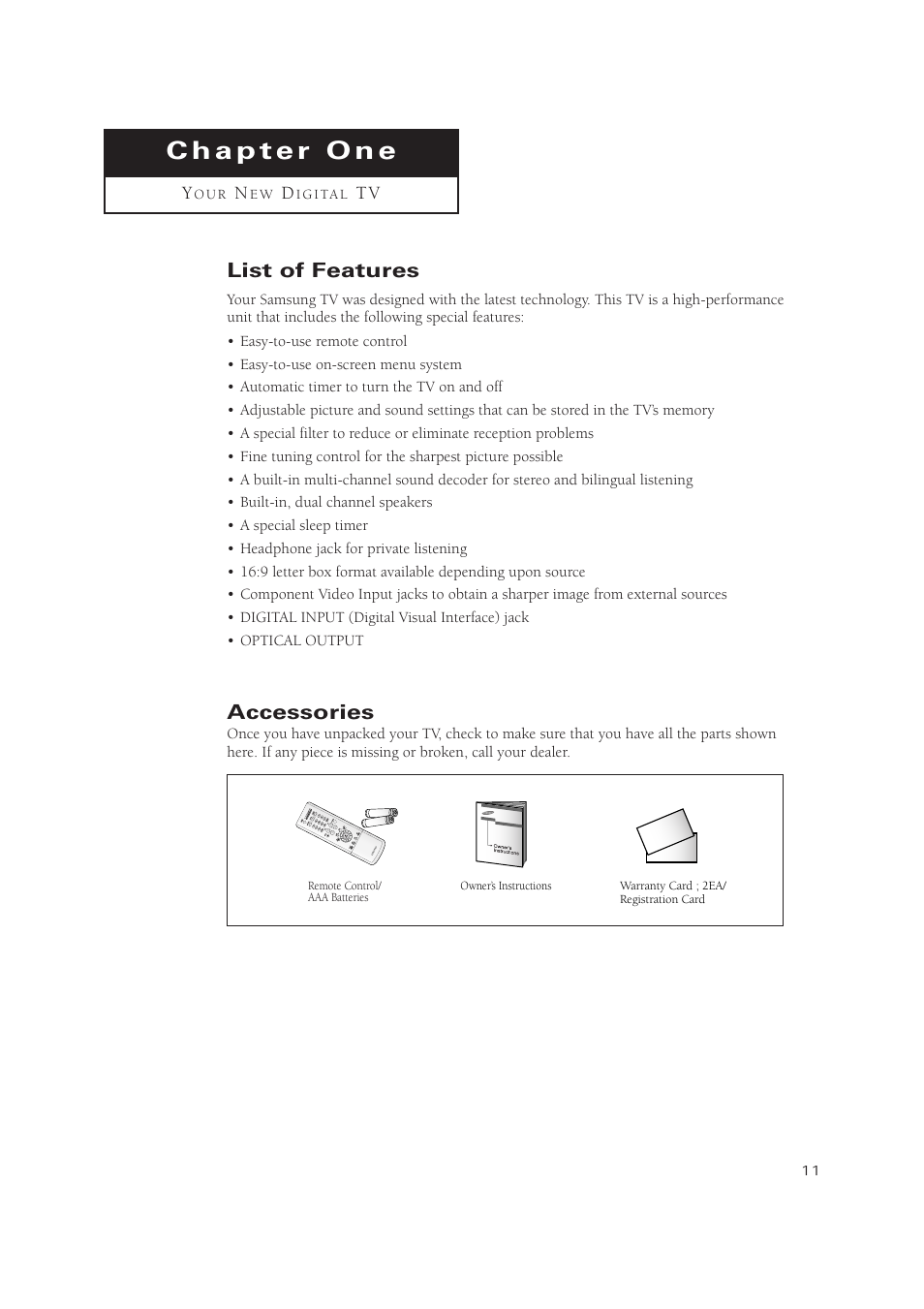 List of features, Accessories | Samsung TSN3084WHDXXAA User Manual | Page 11 / 79