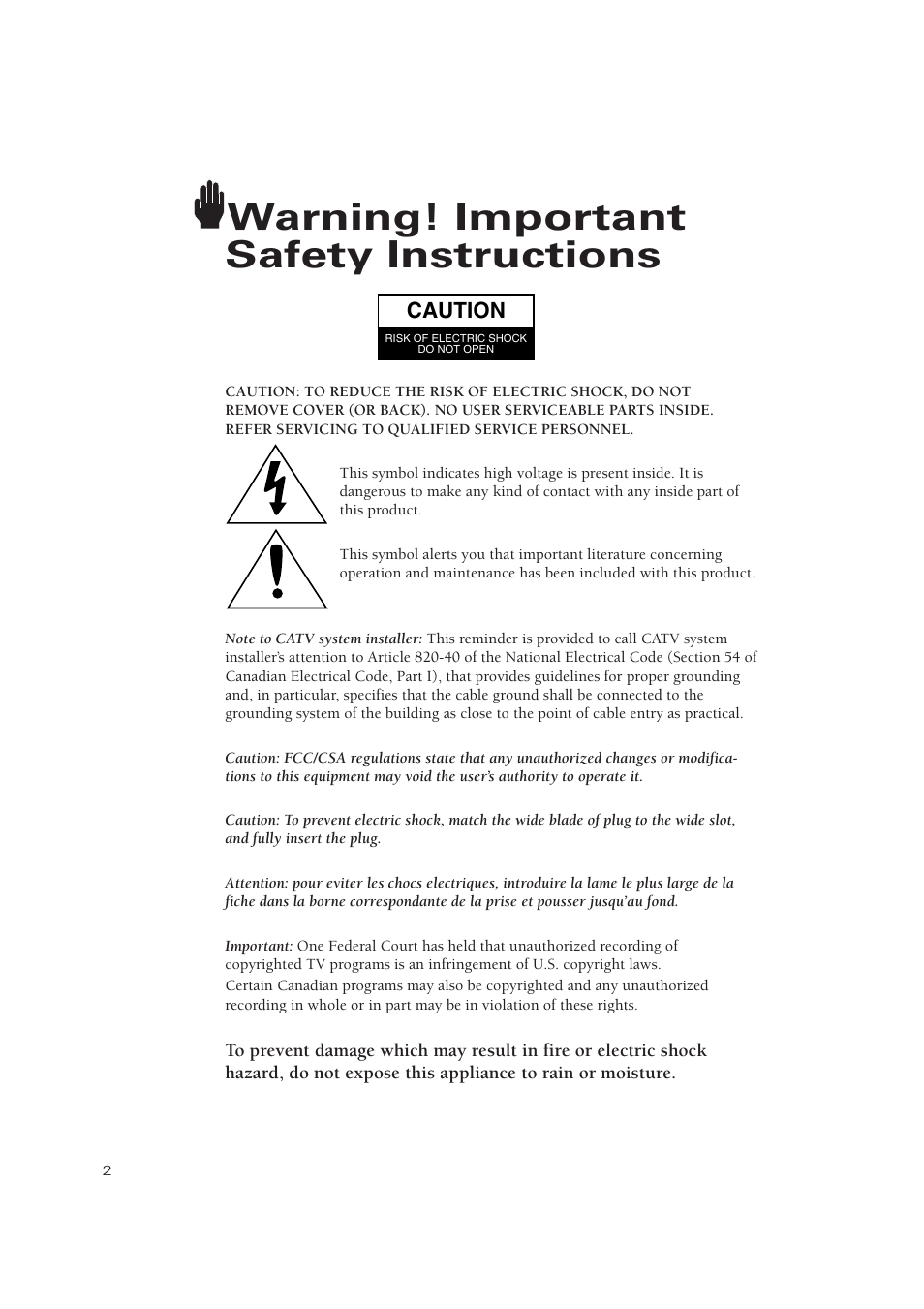 Warning! important safety instructions | Samsung TSN3084WHDXXAA User Manual | Page 2 / 79