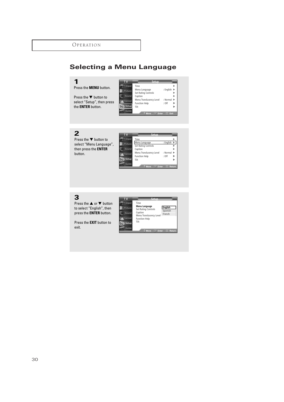 Selecting a menu language, P e r at i o n | Samsung TSN3084WHDXXAA User Manual | Page 30 / 79