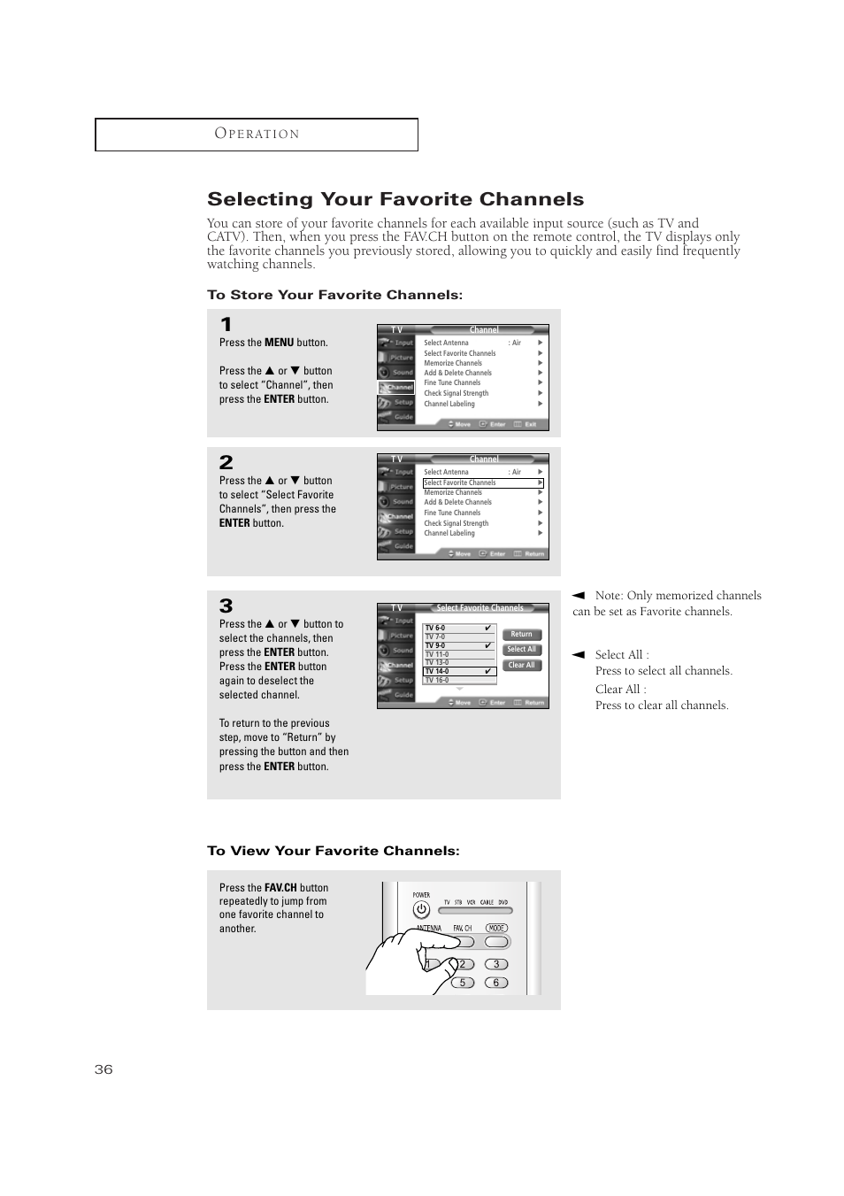 Selecting your favorite channels | Samsung TSN3084WHDXXAA User Manual | Page 36 / 79