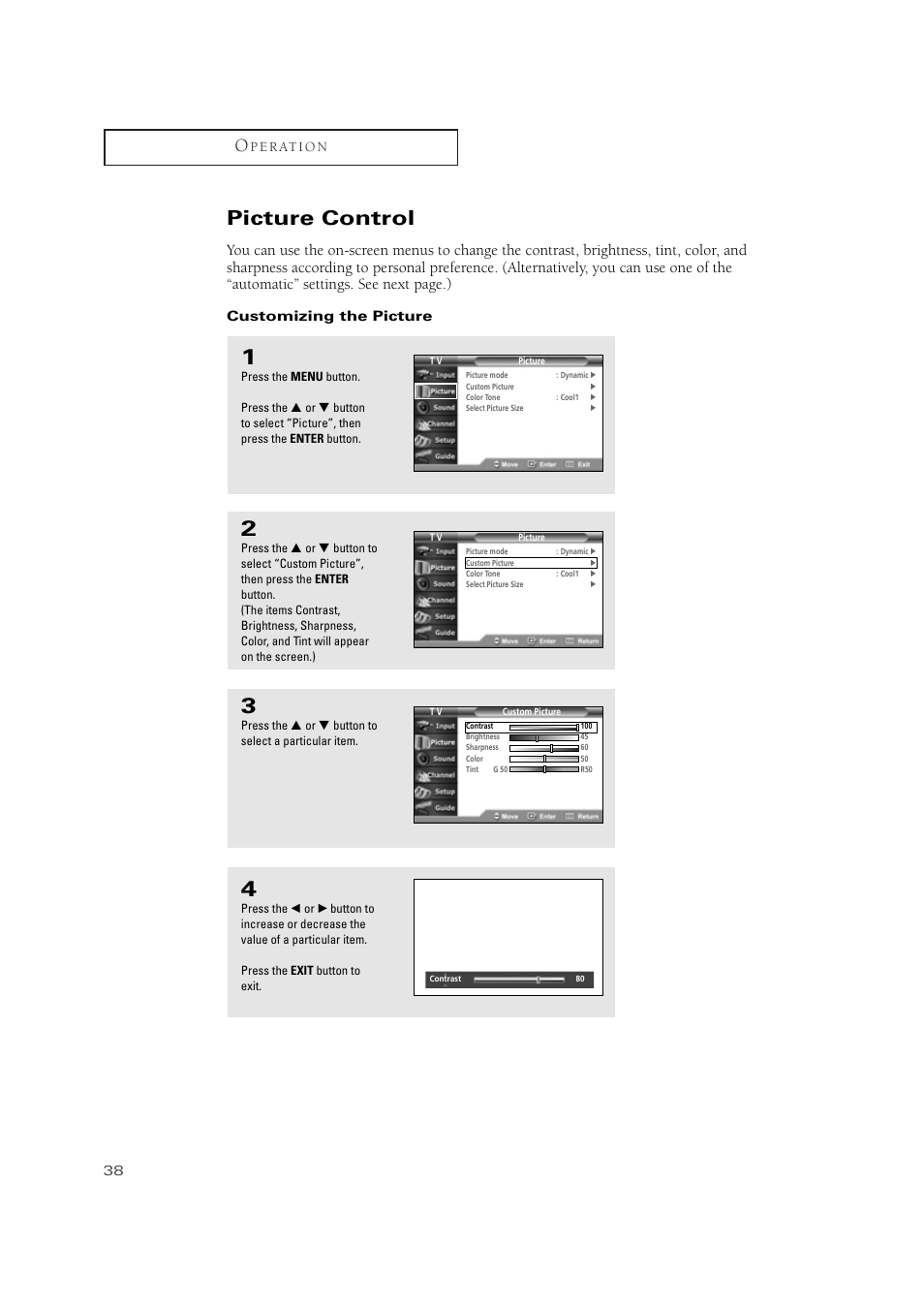 Picture control | Samsung TSN3084WHDXXAA User Manual | Page 38 / 79