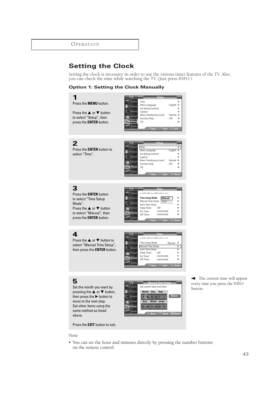 Setting the clock, P e r at i o n, Option 1: setting the clock manually | Samsung TSN3084WHDXXAA User Manual | Page 43 / 79