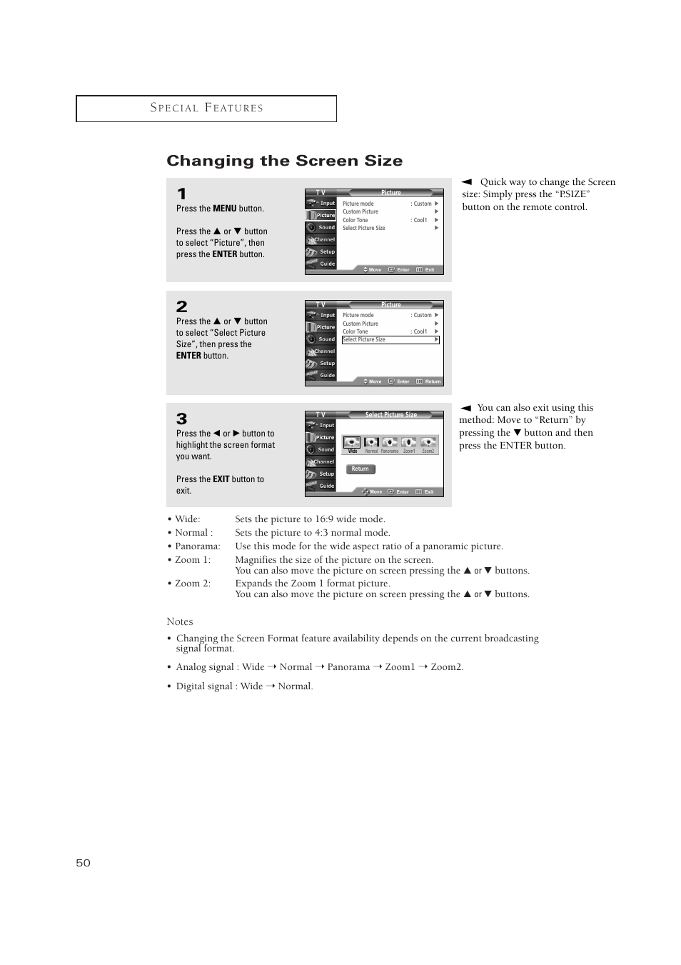 Changing the screen size | Samsung TSN3084WHDXXAA User Manual | Page 50 / 79