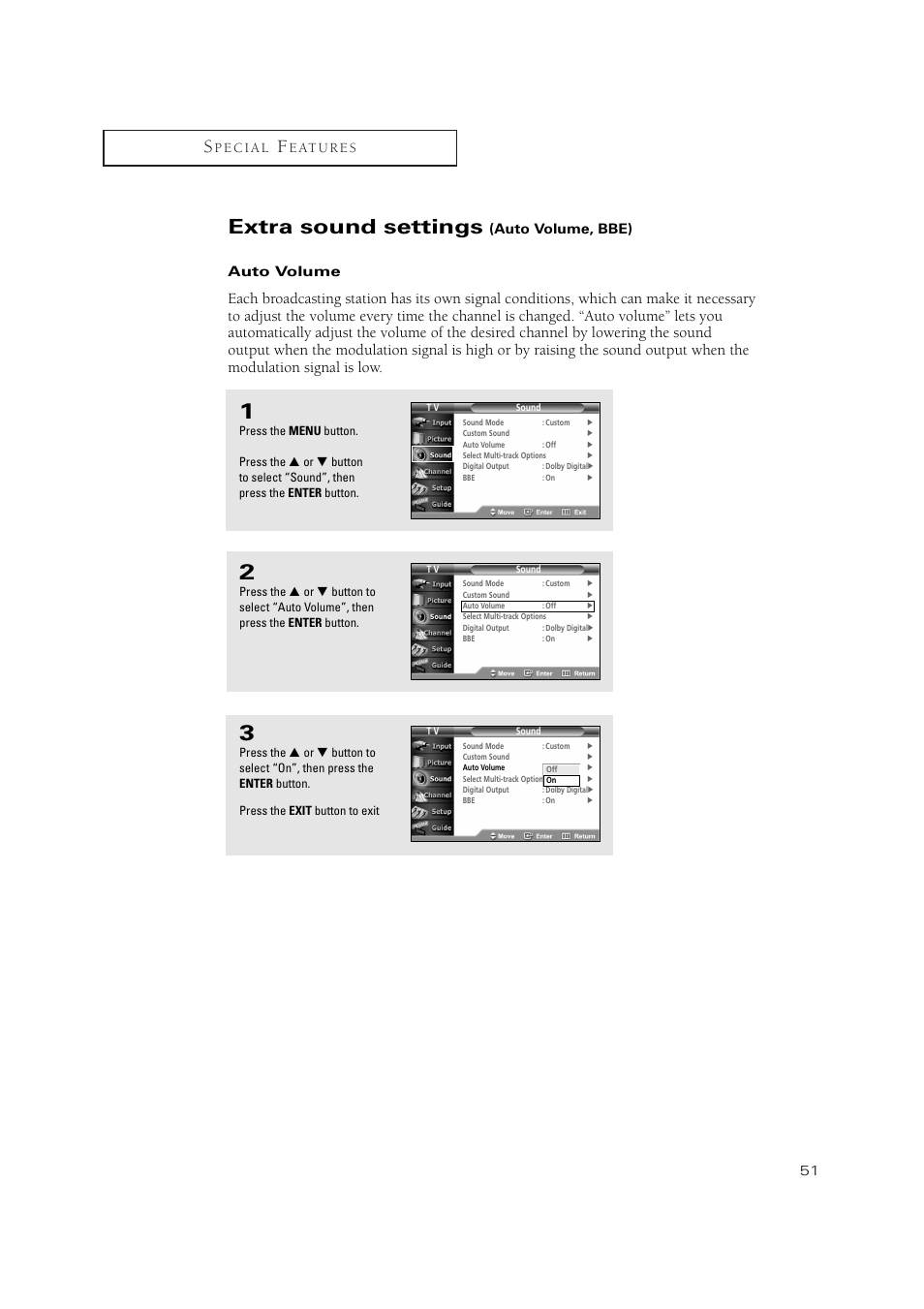 Extra sound settings, Auto volume, bbe) auto volume | Samsung TSN3084WHDXXAA User Manual | Page 51 / 79