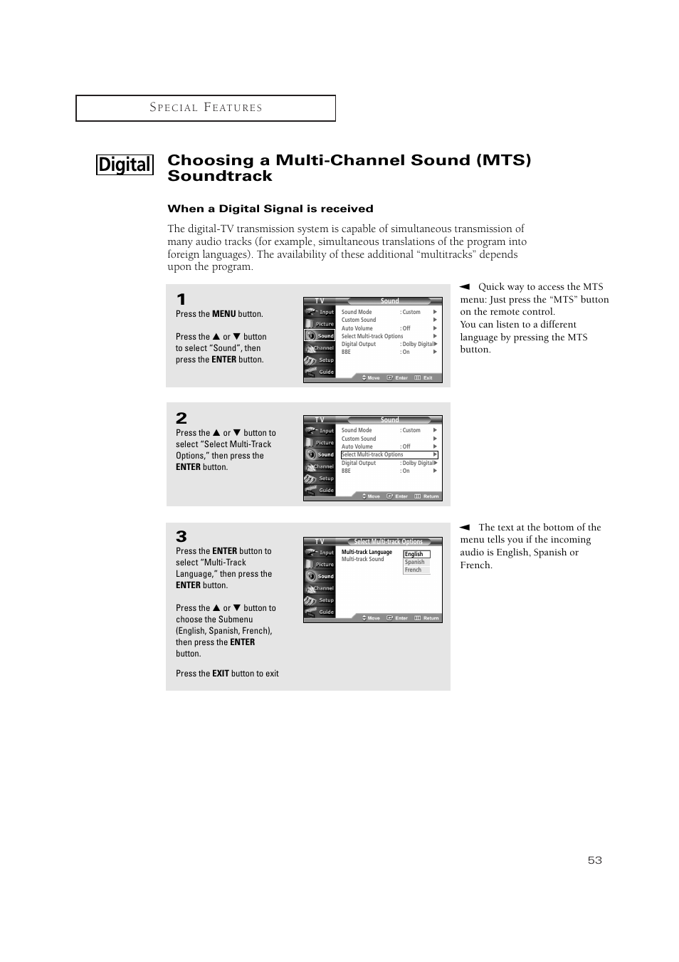 Digital, Choosing a multi-channel sound (mts) soundtrack | Samsung TSN3084WHDXXAA User Manual | Page 53 / 79