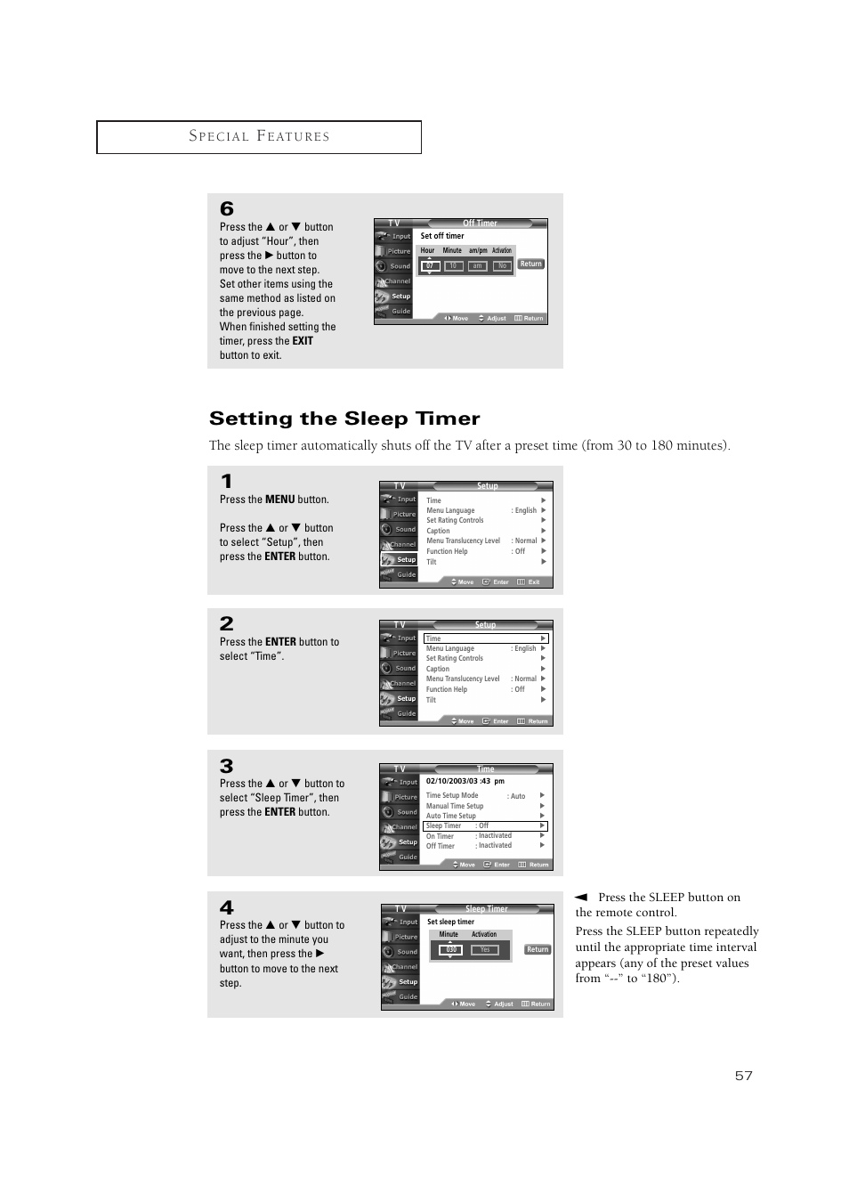 Setting the sleep timer | Samsung TSN3084WHDXXAA User Manual | Page 57 / 79