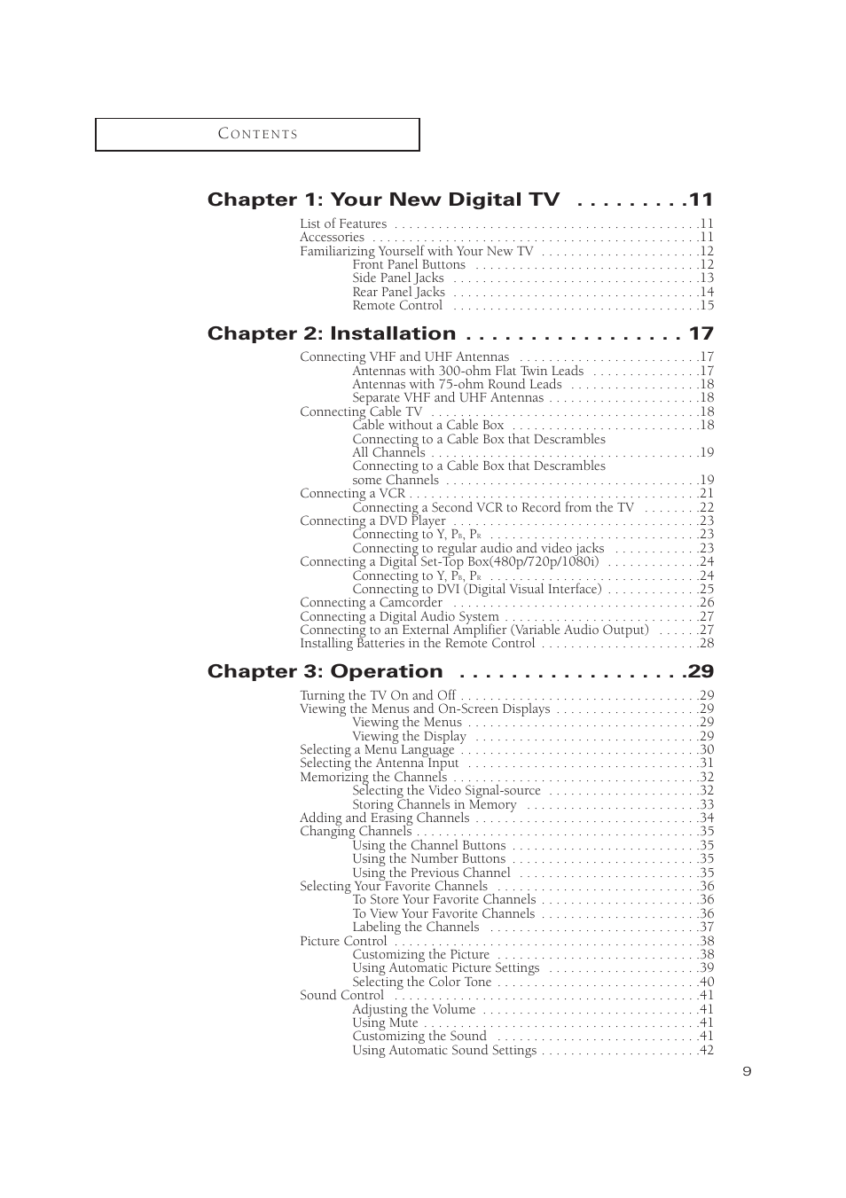 Chapter 1: your new digital tv, Chapter 2: installation, Chapter 3: operation | Samsung TSN3084WHDXXAA User Manual | Page 9 / 79