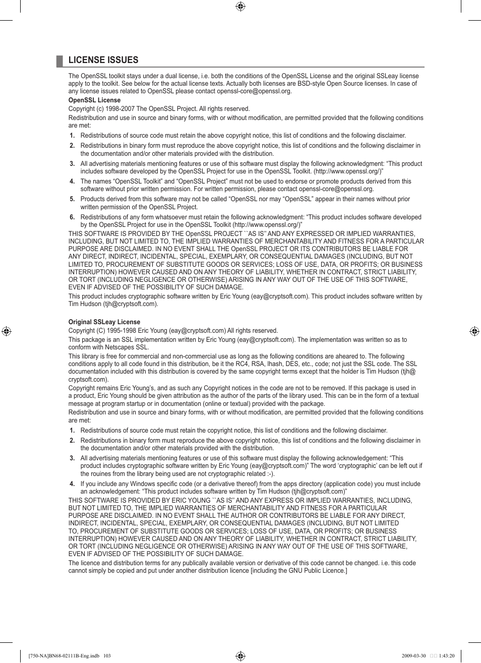 License issues | Samsung LN40B750U1FXZA User Manual | Page 105 / 290