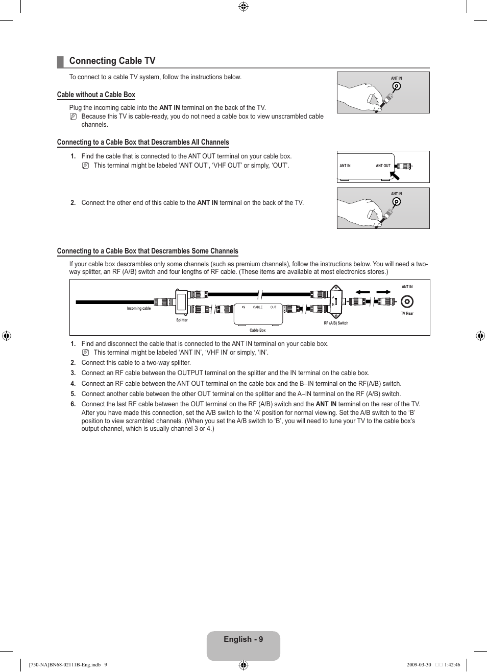 Connecting cable tv | Samsung LN40B750U1FXZA User Manual | Page 11 / 290