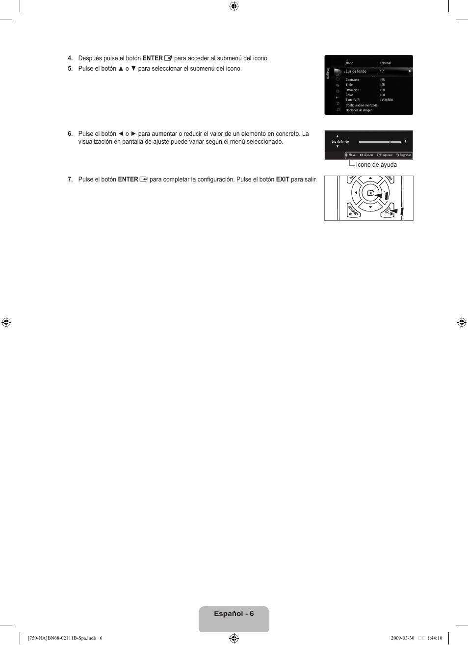 Español - 6, Icono de ayuda | Samsung LN40B750U1FXZA User Manual | Page 112 / 290