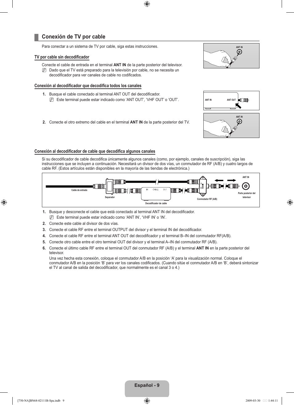 Conexión de tv por cable | Samsung LN40B750U1FXZA User Manual | Page 115 / 290