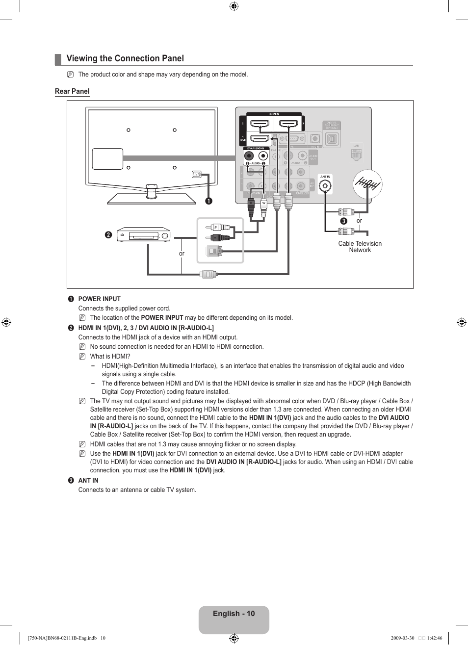 Viewing the connection panel | Samsung LN40B750U1FXZA User Manual | Page 12 / 290