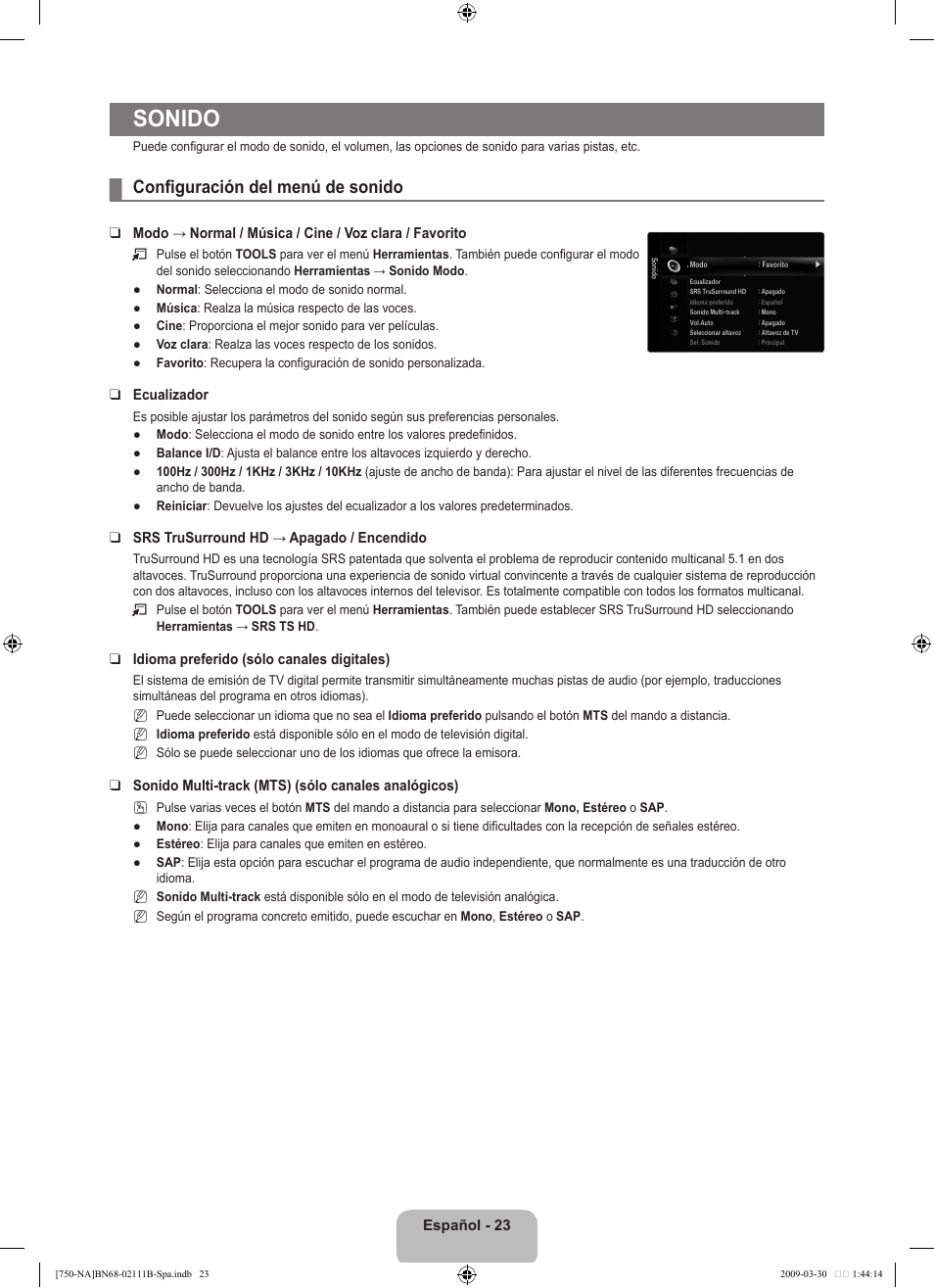 Sonido, Configuración del menú de sonido | Samsung LN40B750U1FXZA User Manual | Page 129 / 290