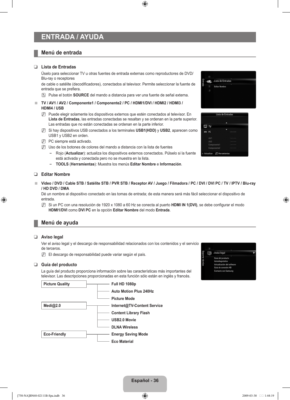 Entrada / ayuda, Menú de entrada, Menú de ayuda | Samsung LN40B750U1FXZA User Manual | Page 142 / 290