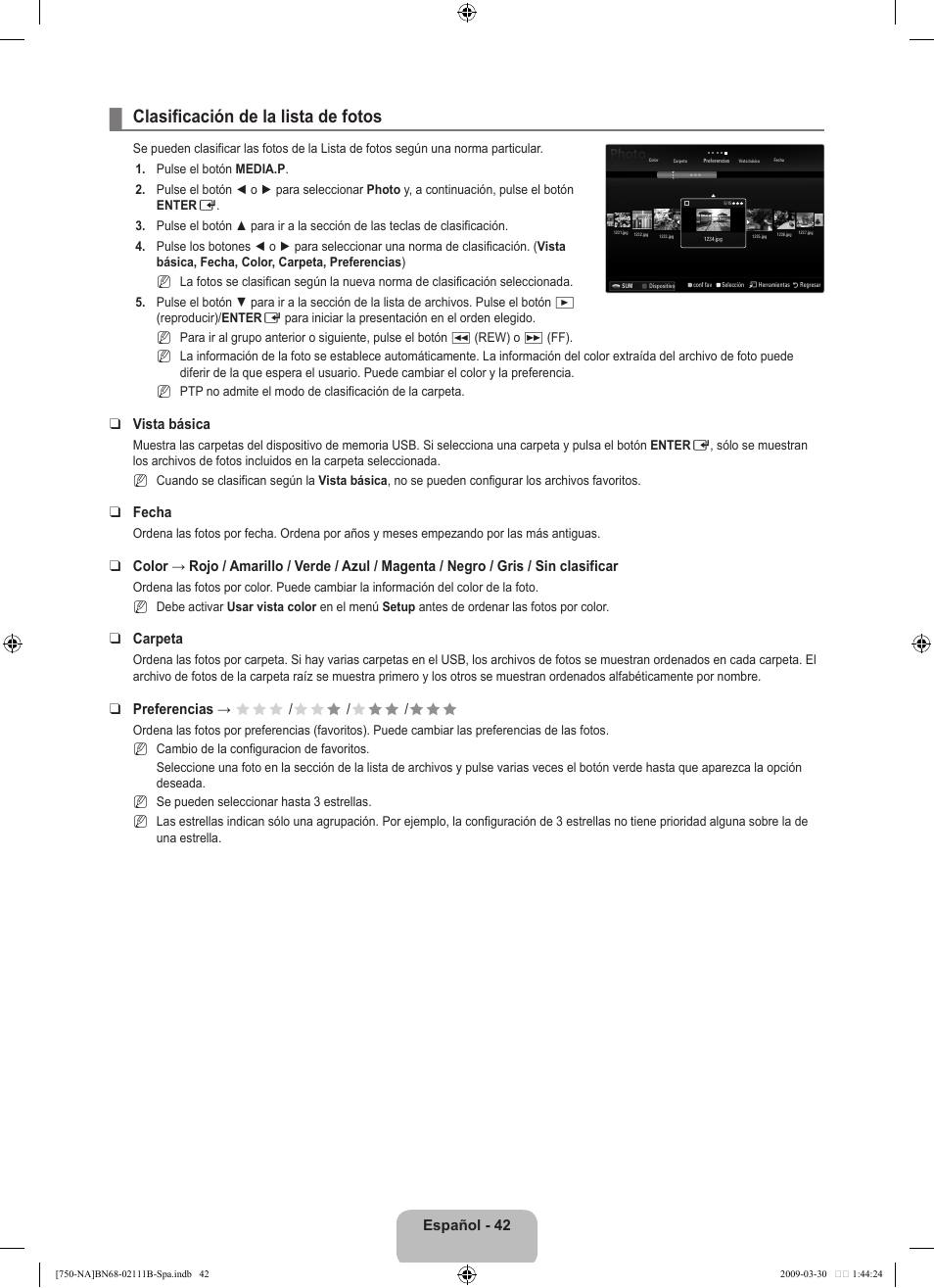 Clasificación de la lista de fotos | Samsung LN40B750U1FXZA User Manual | Page 148 / 290