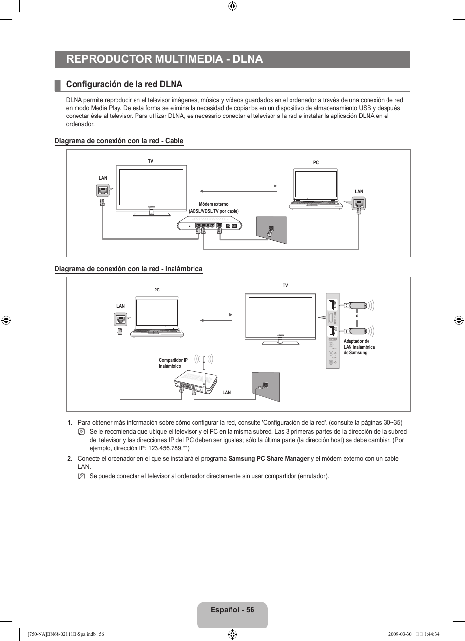 Reproductor multimedia - dlna, Configuración de la red dlna | Samsung LN40B750U1FXZA User Manual | Page 162 / 290