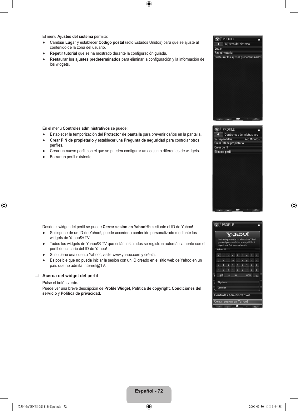 Español - 72, Acerca del widget del perfil | Samsung LN40B750U1FXZA User Manual | Page 178 / 290