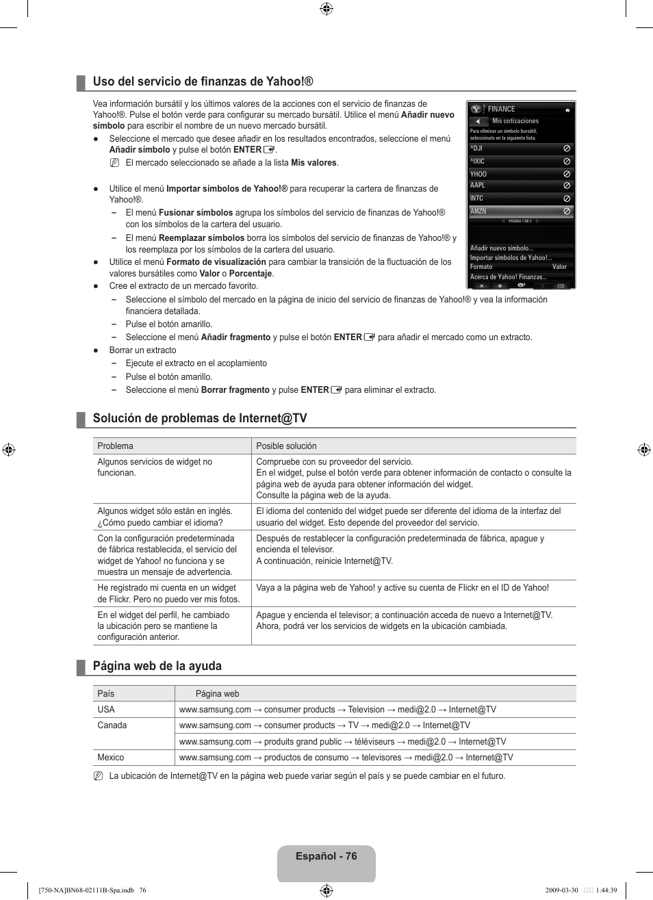 Uso del servicio de finanzas de yahoo, Solución de problemas de internet@tv, Página web de la ayuda | Samsung LN40B750U1FXZA User Manual | Page 182 / 290