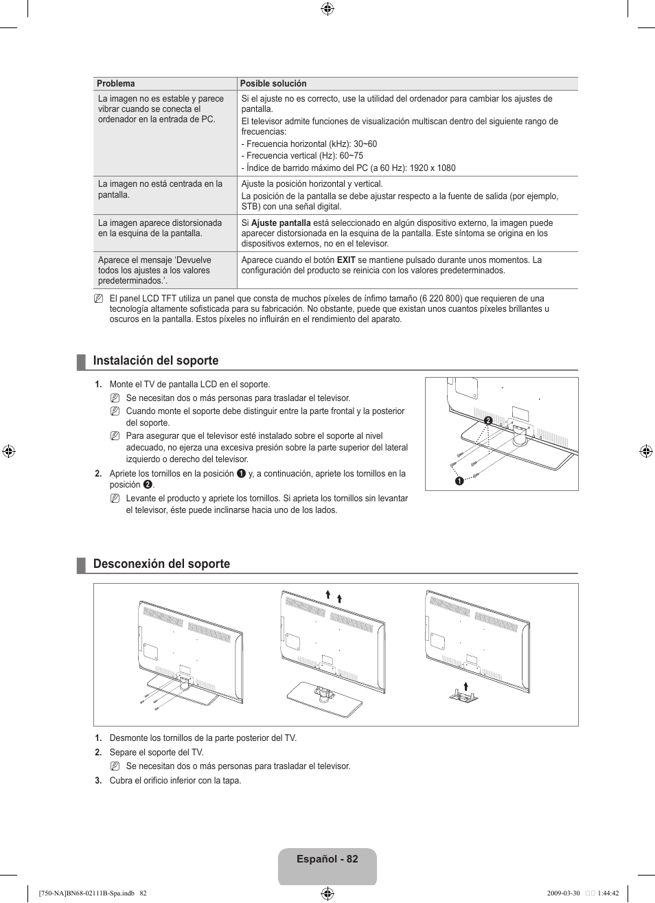 Instalación del soporte, Desconexión del soporte | Samsung LN40B750U1FXZA User Manual | Page 188 / 290