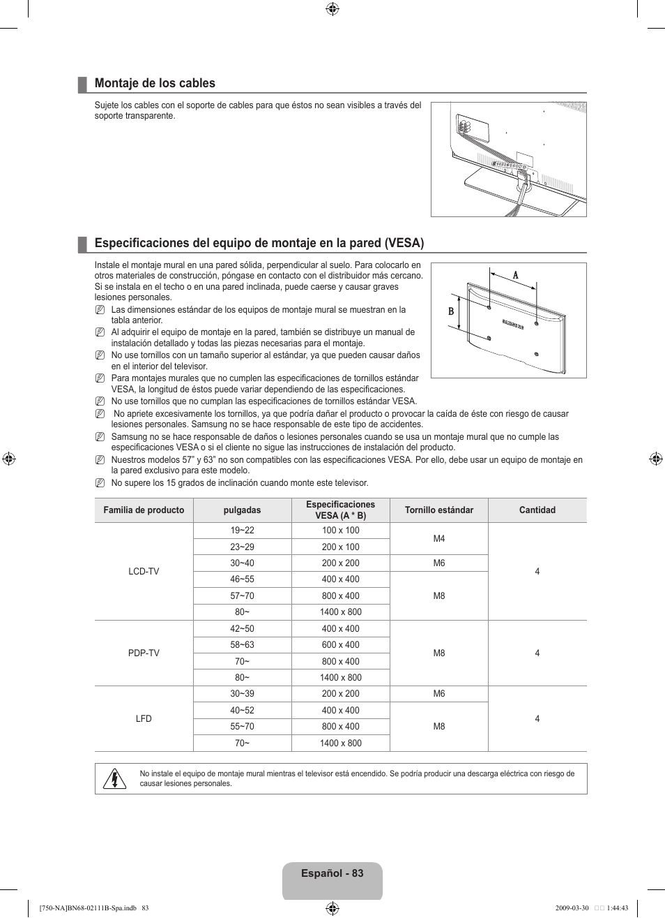 Montaje de los cables | Samsung LN40B750U1FXZA User Manual | Page 189 / 290