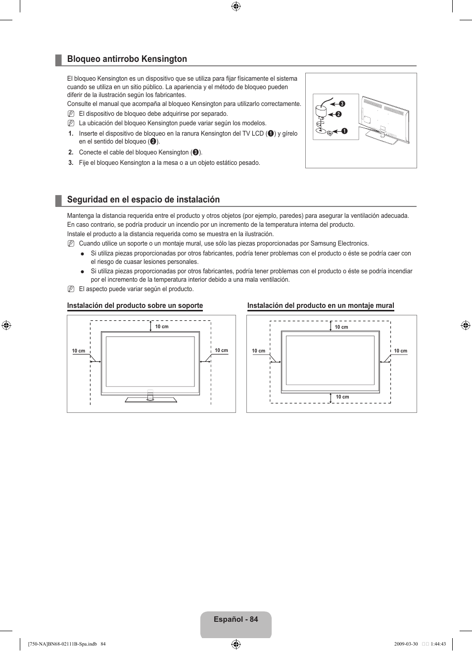 Bloqueo antirrobo kensington, Seguridad en el espacio de instalación | Samsung LN40B750U1FXZA User Manual | Page 190 / 290