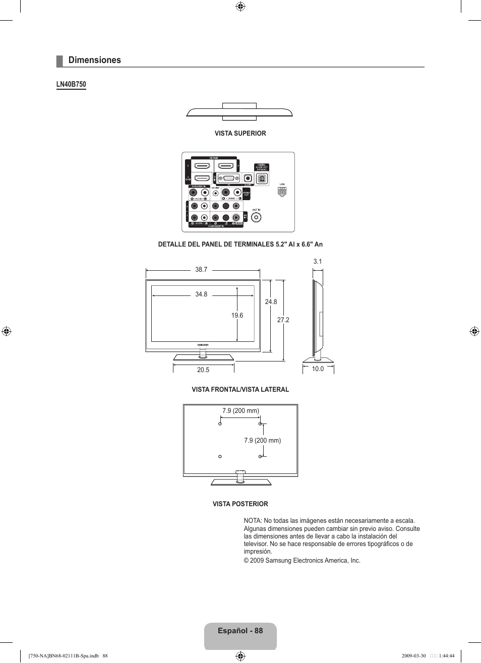 Dimensiones | Samsung LN40B750U1FXZA User Manual | Page 194 / 290