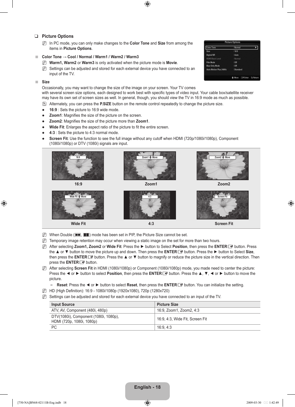 English - 18 picture options | Samsung LN40B750U1FXZA User Manual | Page 20 / 290