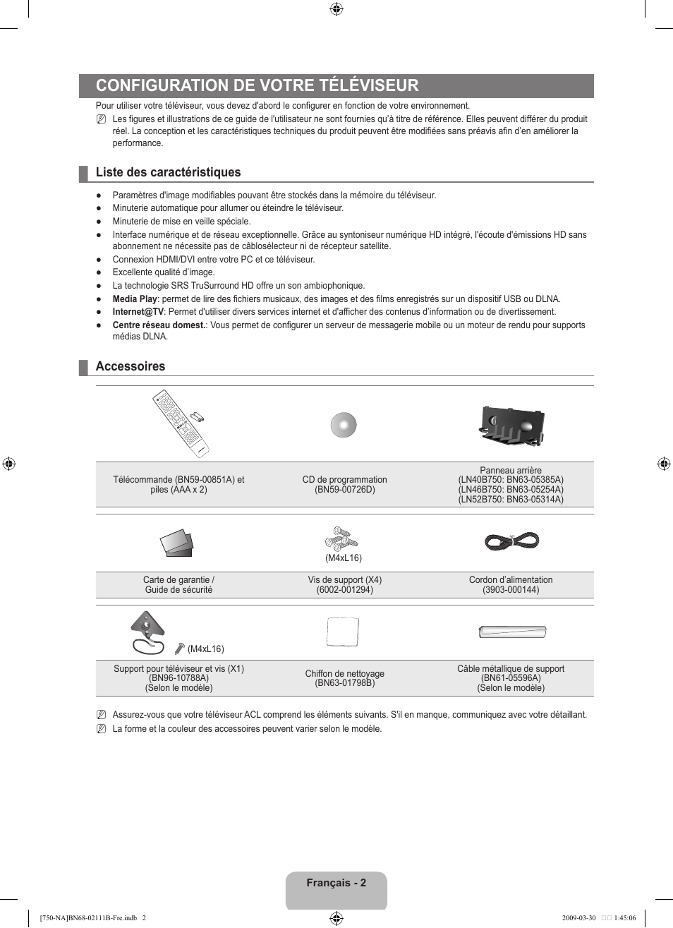 Configuration de votre téléviseur, Liste des caractéristiques, Accessoires | Samsung LN40B750U1FXZA User Manual | Page 201 / 290