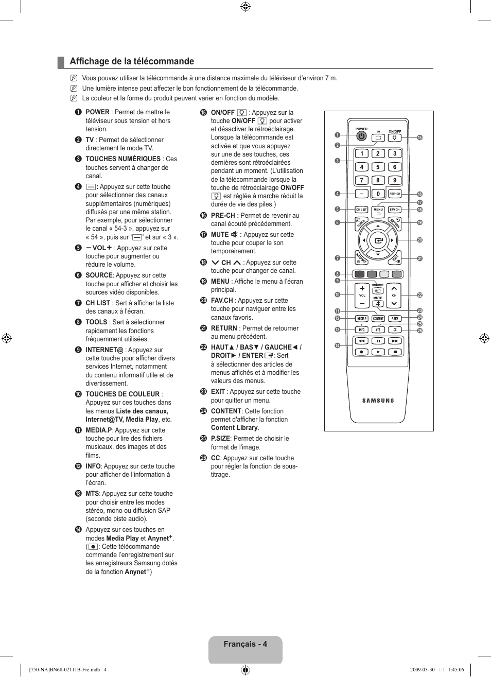 Affichage de la télécommande | Samsung LN40B750U1FXZA User Manual | Page 203 / 290