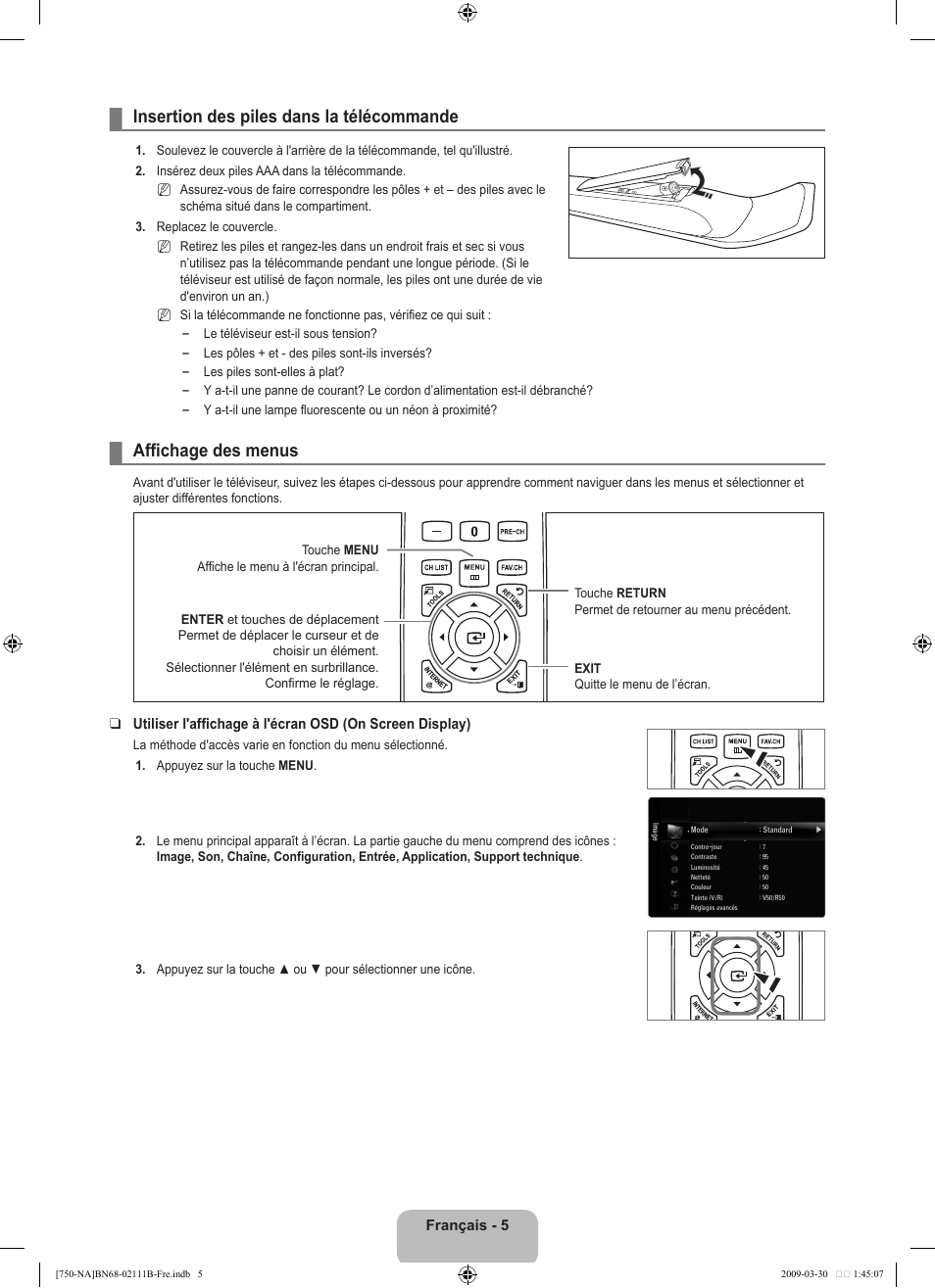 Insertion des piles dans la télécommande, Affichage des menus | Samsung LN40B750U1FXZA User Manual | Page 204 / 290