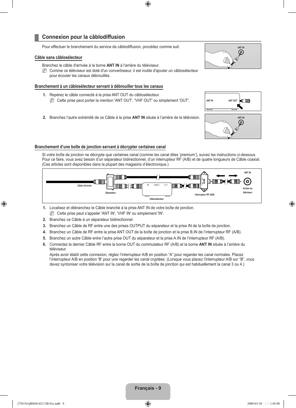 Connexion pour la câblodiffusion | Samsung LN40B750U1FXZA User Manual | Page 208 / 290