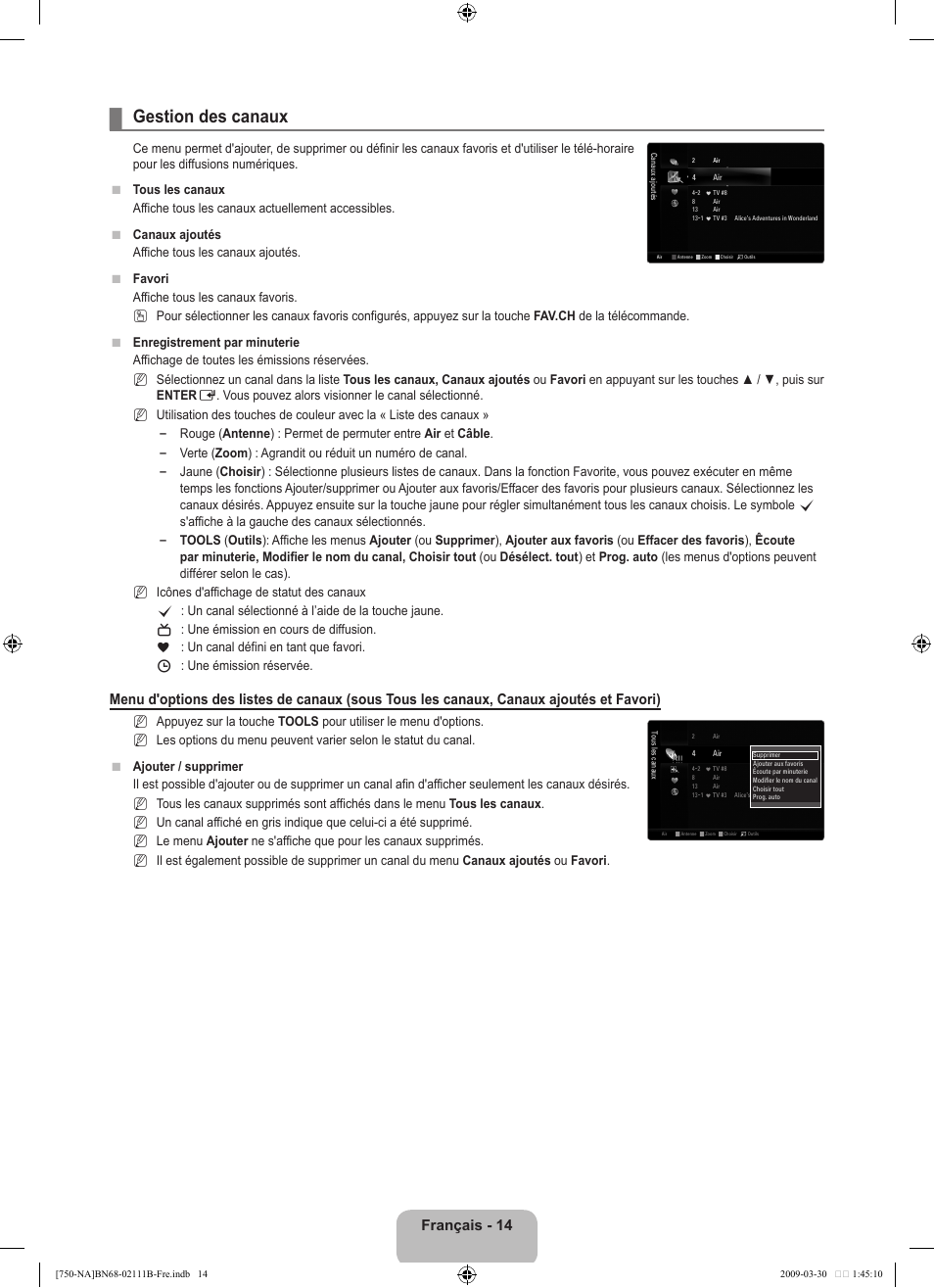 Gestion des canaux, Français - 14 | Samsung LN40B750U1FXZA User Manual | Page 213 / 290