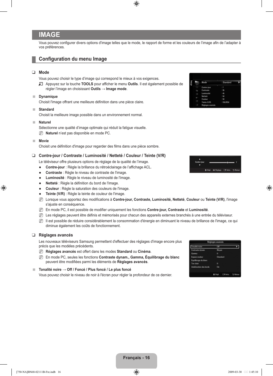 Image, Configuration du menu image, Français - 16 | Mode, Réglages avancés | Samsung LN40B750U1FXZA User Manual | Page 215 / 290