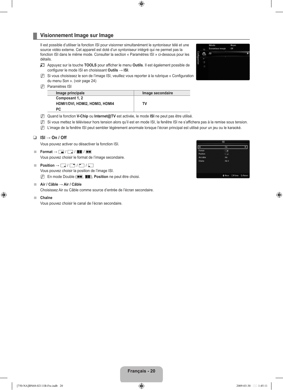 Visionnement image sur image, Français - 20, Isi → on / off | Samsung LN40B750U1FXZA User Manual | Page 219 / 290