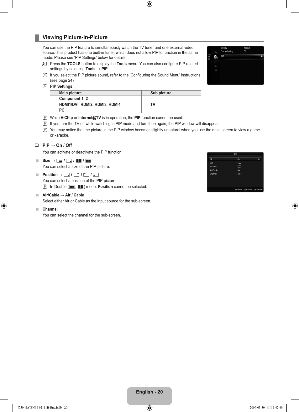 Viewing picture-in-picture, English - 20, Pip → on / off | Samsung LN40B750U1FXZA User Manual | Page 22 / 290