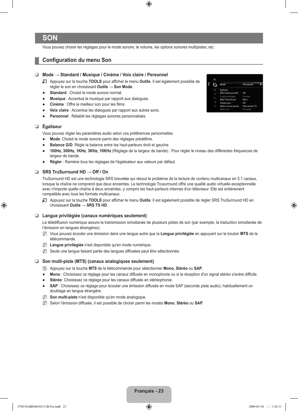 Configuration du menu son | Samsung LN40B750U1FXZA User Manual | Page 222 / 290